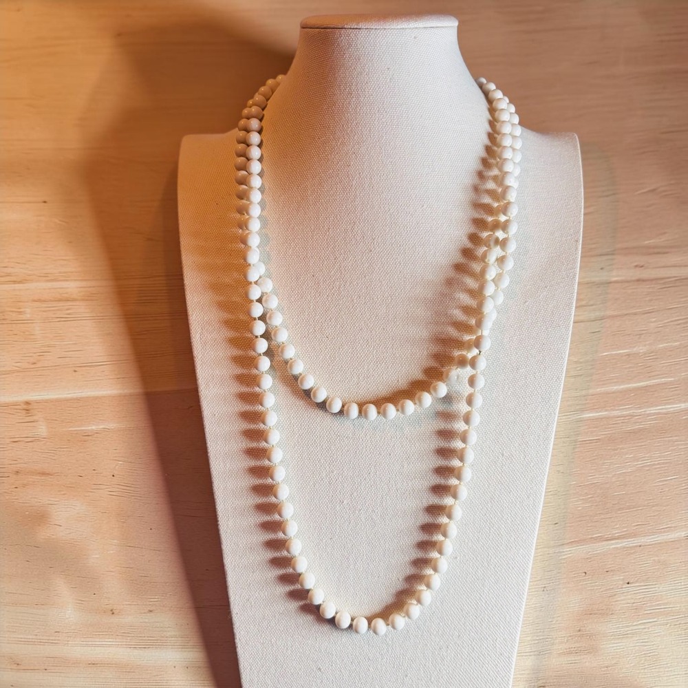 Vintage Long White Milk Plastic Knotted Bead Strand Necklace 50" Opera‎ Length
